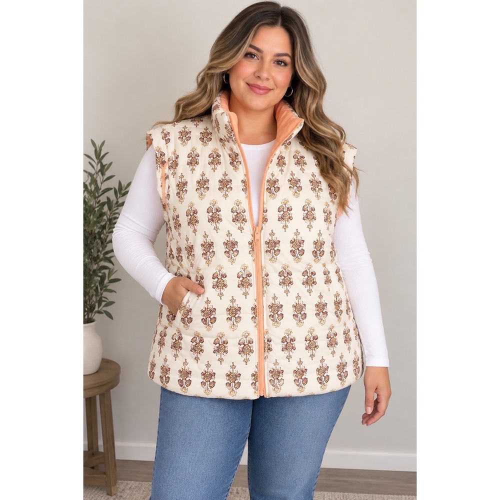 Womens Floral Block Print Quilted Puffer Vest Orange Cream Size Large L